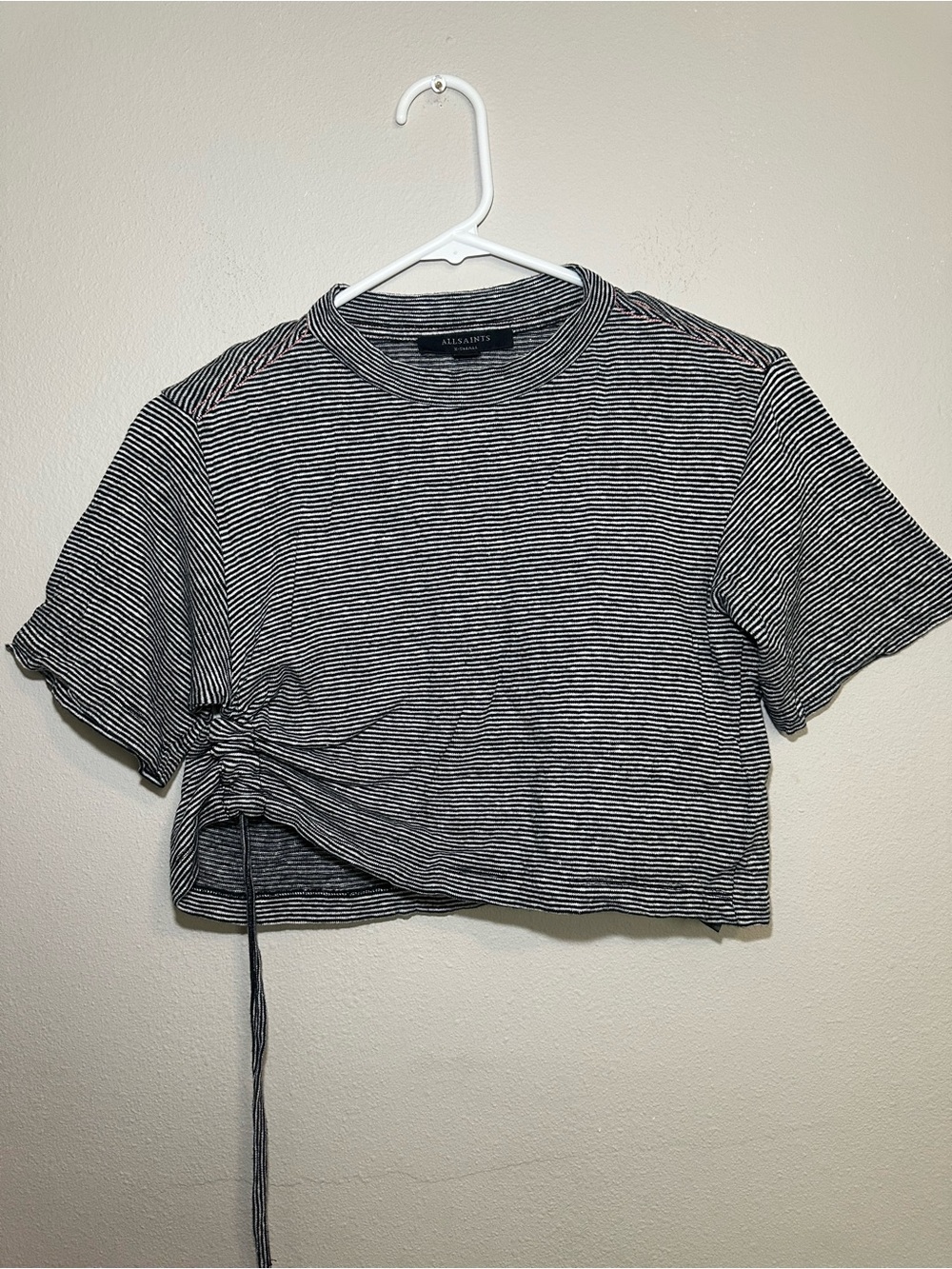 AllSaints Black & White Stripe Side-Ruched Cropped Tee